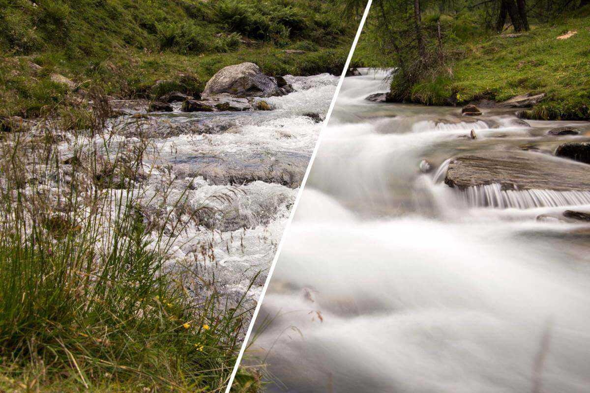 Comparison of photographs of a stream – snapshot and long exposure – Source: René Gropp Comparison of photographs of a stream – snapshot and long exposure – Source: René Gropp