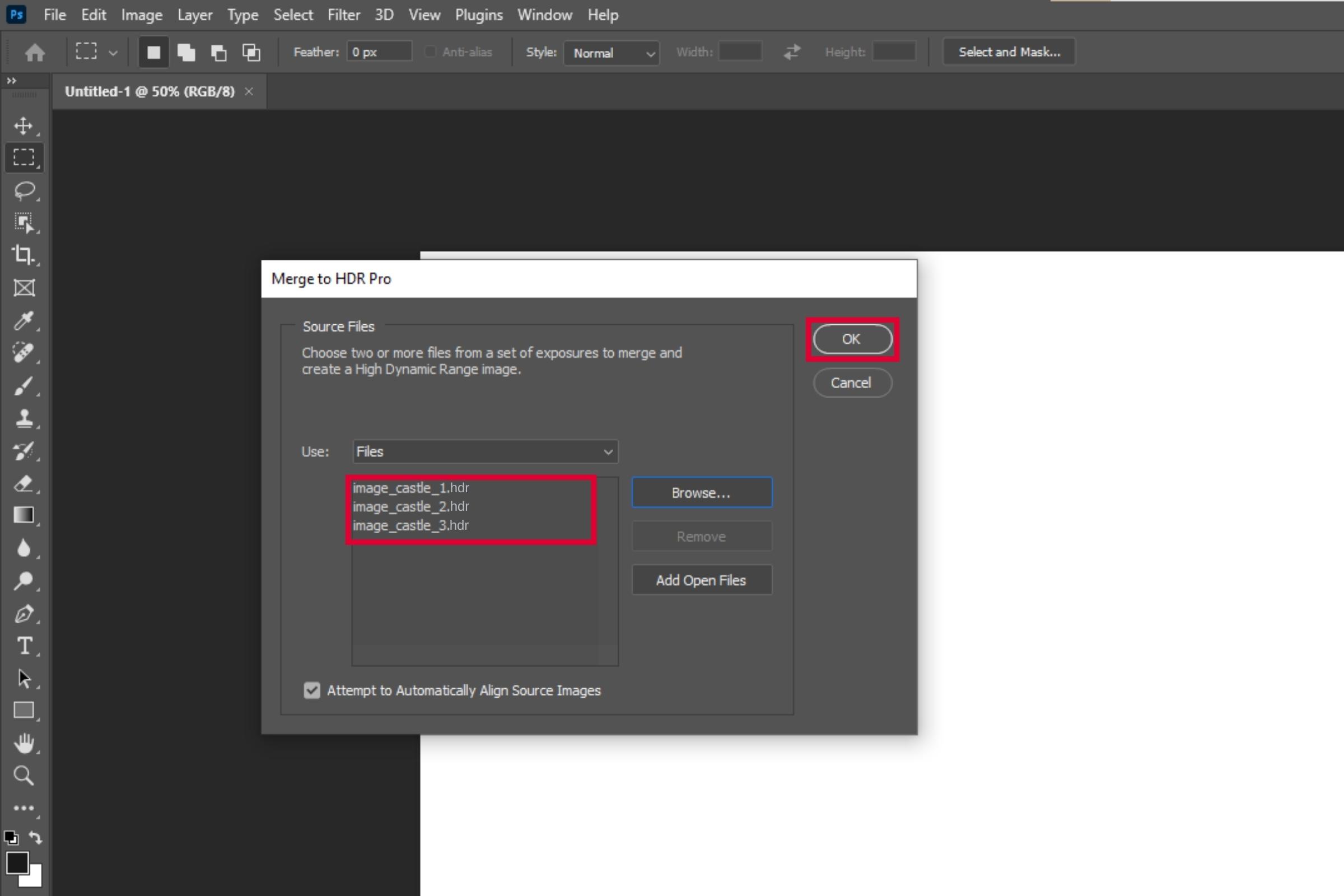 Auswahl der Bilder, die in Photoshop zu einem HDR-Bild zusammengefügt werden Auswahl der Bilder, die in Photoshop zu einem HDR-Bild zusammengefügt werden