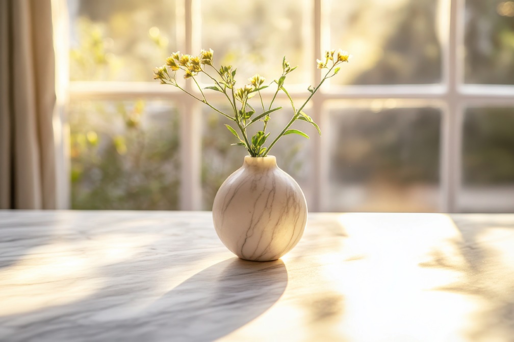 Blumenvase auf einer Marmortischplatte. Blumenvase auf einer Marmortischplatte.