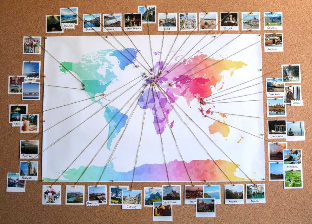 The finished world map with retro and square prints as a travel souvenir The finished world map with retro and square prints as a travel souvenir