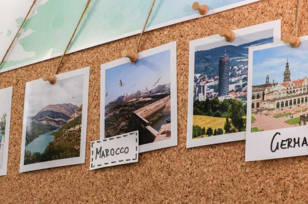 Close-up photo world map with square and retro prints Close-up photo world map with square and retro prints