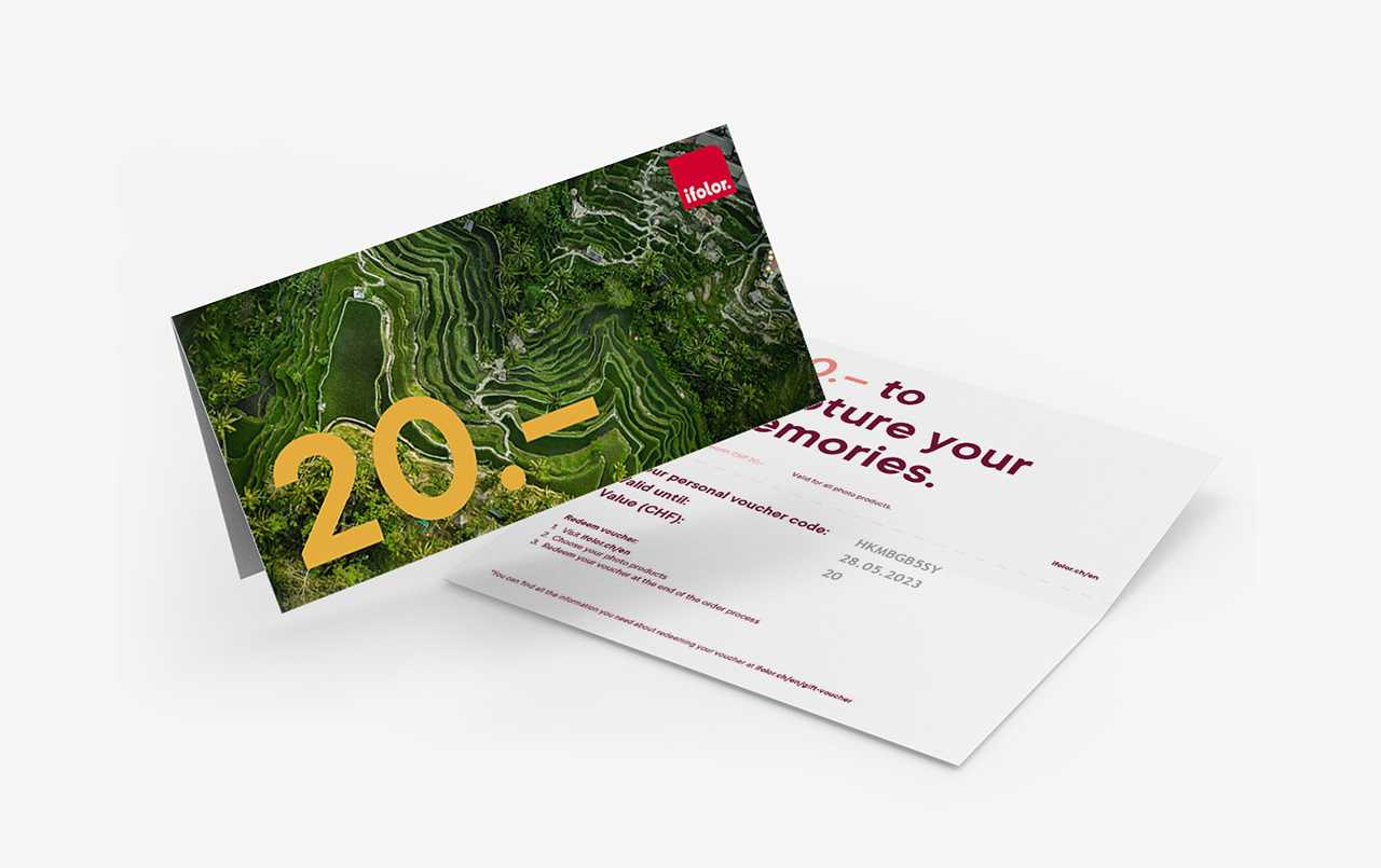 The CHF 20 ifolor voucher presented in a stylish greetings card format. |  ifolor