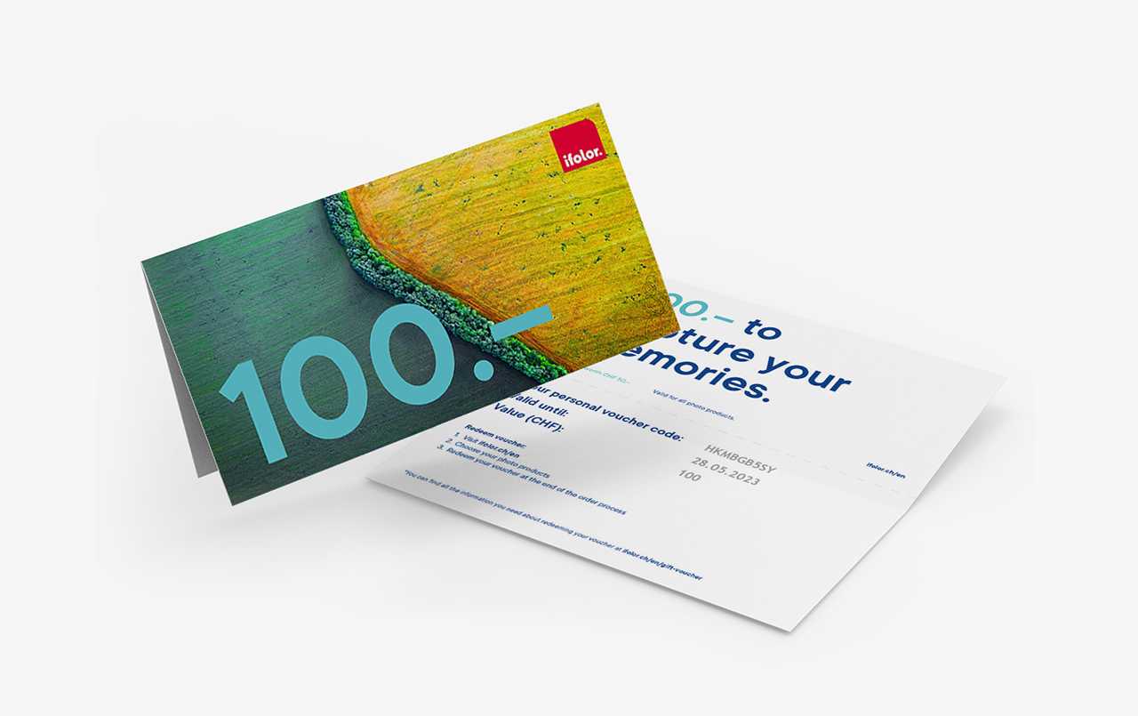 The CHF 100 ifolor voucher presented in a stylish greetings card format. |  ifolor